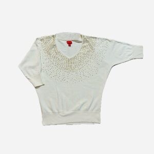 #101 ELLE ~ Ivory 3/4 Sleeve V-Neck Sweater Gold Sequined Details Loose Fit